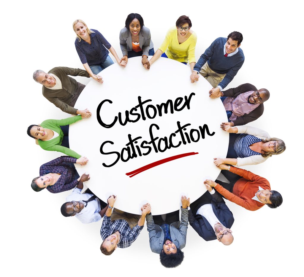 diverse people in a circle with customer satisfaction concept
